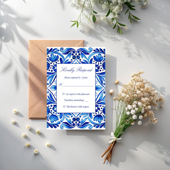 Vintage Talavera Azulejo blue tiles wedding RSVP Card (Vintage Talavera Azulejo blue tiles Mexican Spanish wedding RSVP Card)