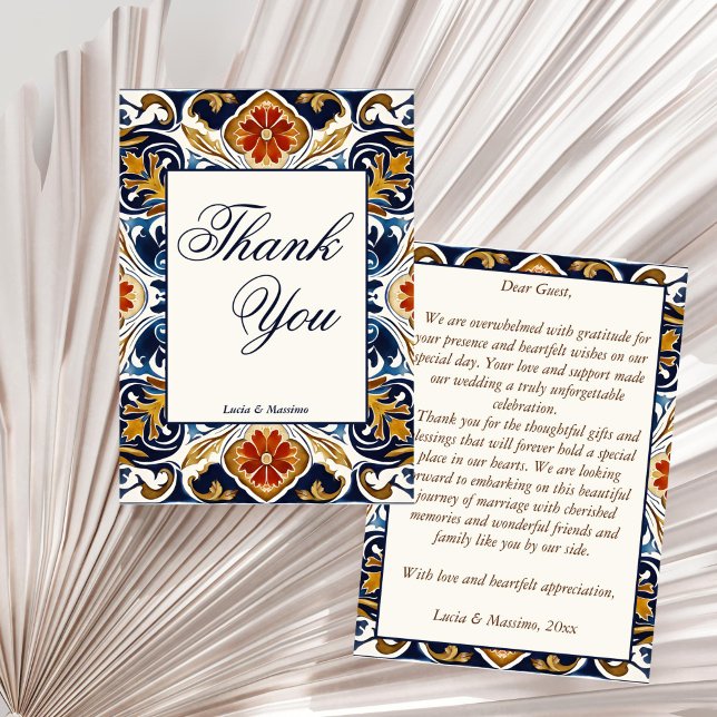 Vintage Talavera Azulejo wedding  Thank You Card (Vintage Talavera Azulejo blue tiles Spanish Mexican Mediterranean wedding Thank You Cards)