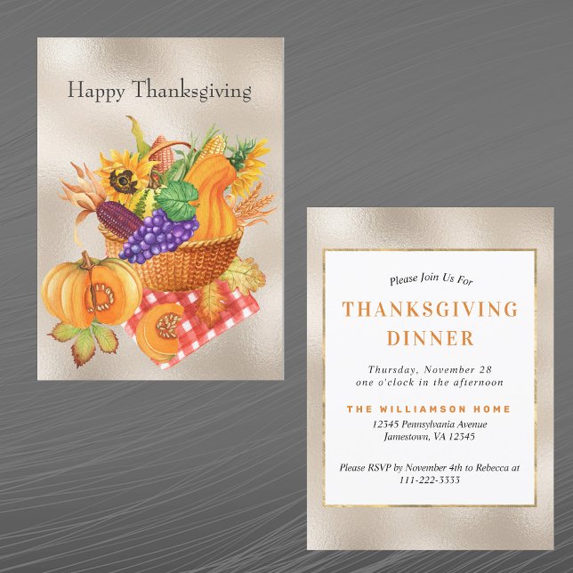 Vintage Tan Basket Vegetables Floral Thanksgiving Invitation (Creator Uploaded)