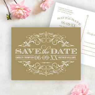 Vintage Tan Gold Scrollwork Save the Date Announcement Postcard