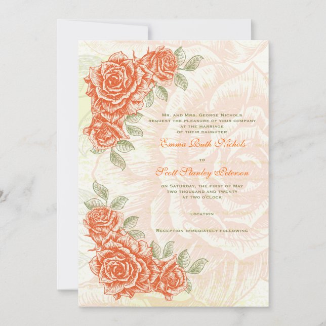 Vintage tangerine orange roses wedding invitation (Front)