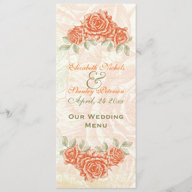 Vintage tangerine orange roses wedding Menu card (Front)