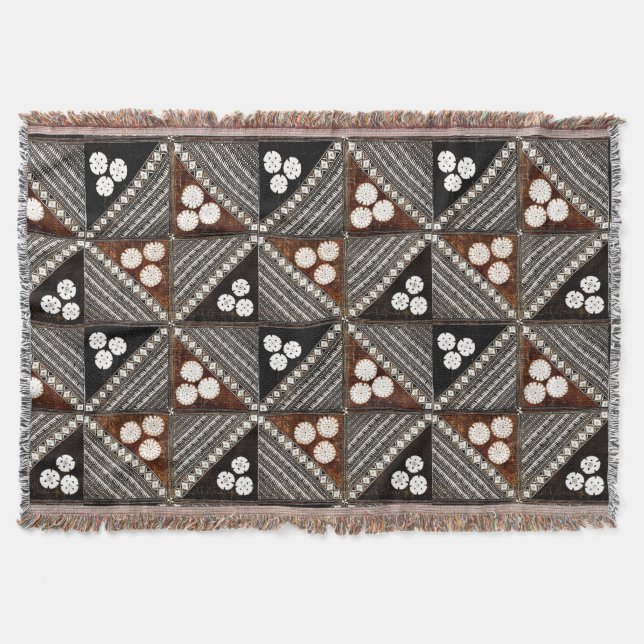 Vintage Tapa Tribal Pattern from Fiji Throw Blanket (Front)