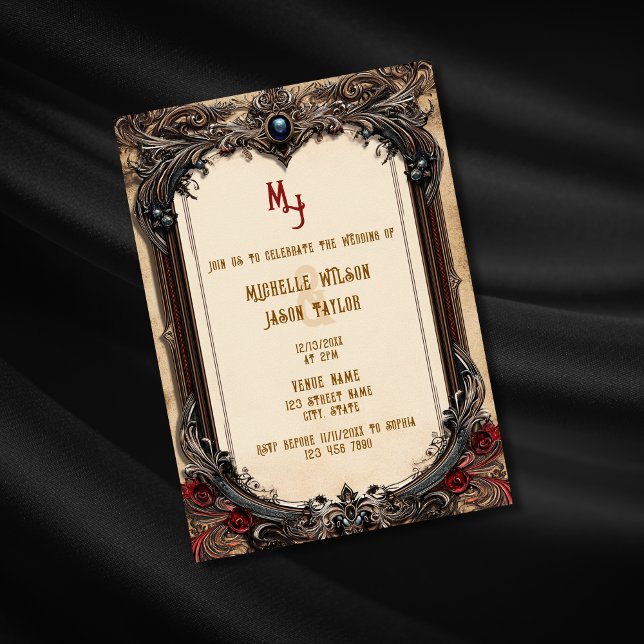 Vintage Tarot Gothic Mediaeval Gold Monogram  Invitation (medieval bronze frame on the beige background, wedding invitation)