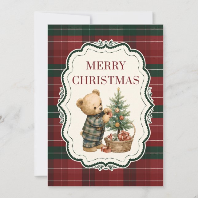 Vintage, Tartan Christmas Card with Teddy Bear (Front)