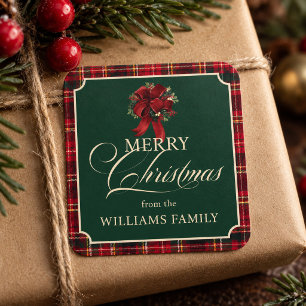 Vintage Tartan Plaid Merry Christmas Custom Name Square Sticker