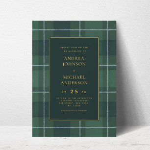 Vintage Tartan Polo Plaid Dark Green Wedding Invitation