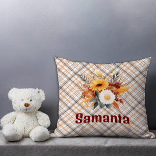 Vintage tartan watercolor wildflower burgundy name cushion