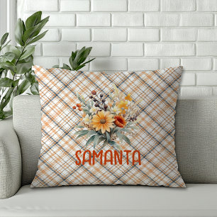 Vintage tartan watercolor wildflower green name cushion
