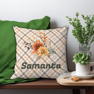 Vintage tartan watercolor wildflower green name cushion