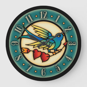 Vintage Tattoo Bird And Hearts Large Clock