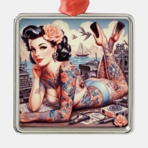 Vintage Tattoo Old School Girl Metal Tree Decoration
