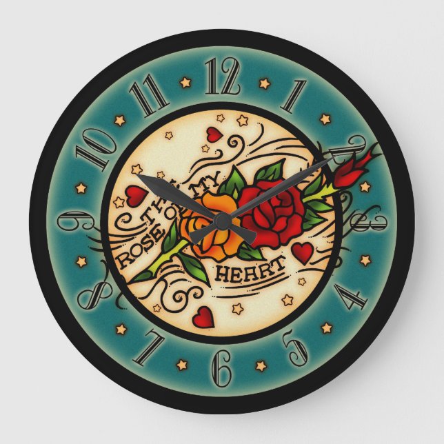 Vintage Tattoo Rose Of My Heart Large Clock (Front)