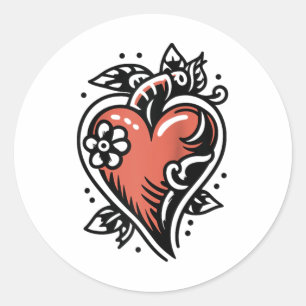 Vintage Tattoo Style Heart Clic Red Valentine Ragl Classic Round Sticker