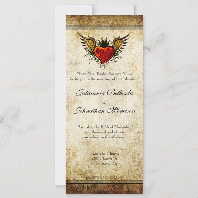 Vintage Tattoo Winged Heart Wedding Invitation (Front)