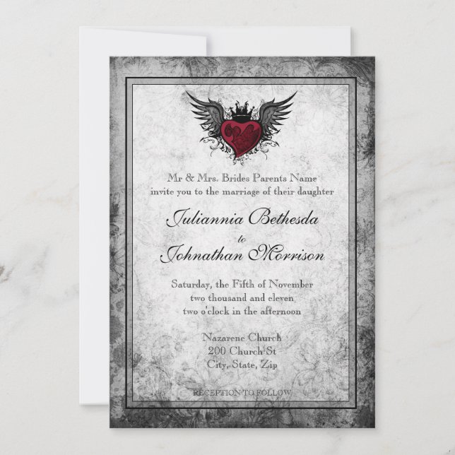 Vintage Tattoo Winged Heart Wedding Invitation (Front)