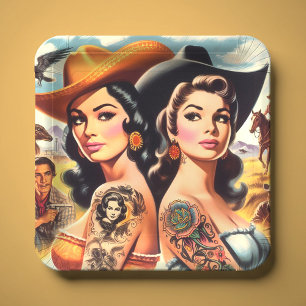 Vintage Tattooed Cowgirls Paper Plate