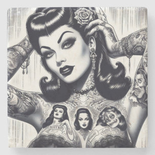 Vintage Tattooed Goth Girl Stone Coaster