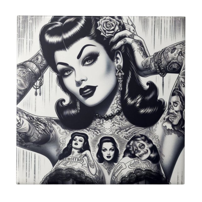 Vintage Tattooed Goth Girl Tile (Front)