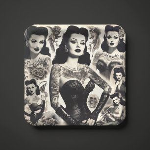 Vintage Tattooed Goth Woman Collage Paper Plate