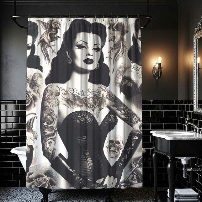 Vintage Tattooed Goth Woman Collage Shower Curtain (Creator Uploaded)