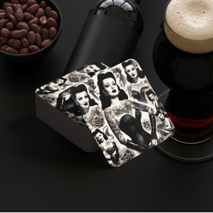 Vintage Tattooed Goth Woman Collage Square Paper Coaster
