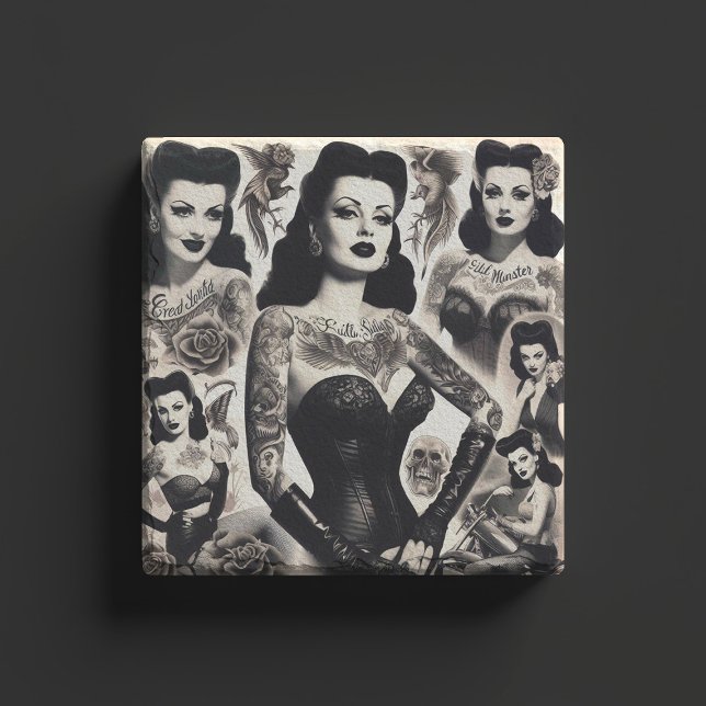 Vintage Tattooed Goth Woman Collage Stone Coaster (Creator Uploaded)