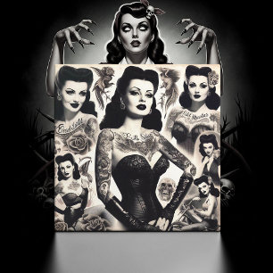 Vintage Tattooed Goth Woman Collage Tile