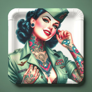 Vintage Tattooed Military Woman Paper Plate