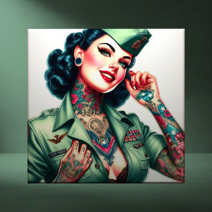 Vintage Tattooed Military Woman Tile