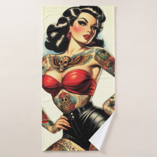 Vintage Tattooed Pin-up Bath Towel