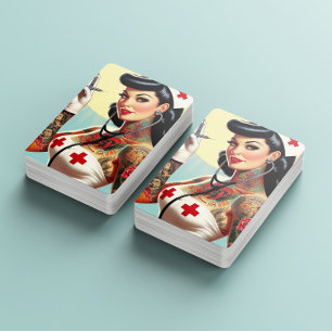 Vintage Tattooed Pin-up Nurse Playing Cards