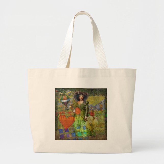Vintage Taurus Classic Woman Portrait Gothic Art Large Tote Bag (Front)
