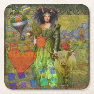 Vintage Taurus Classic Woman Portrait Gothic Art Square Paper Coaster