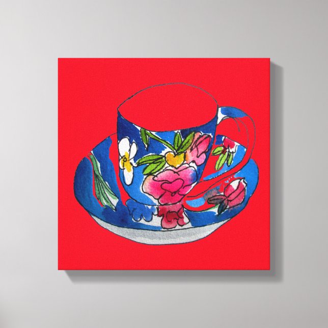 Vintage tea cup watercolour whimsical art canvas print (Front)