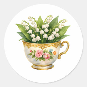 Vintage Tea Cup with Lily-of-the-Valley Flowers Classic Round Sticker