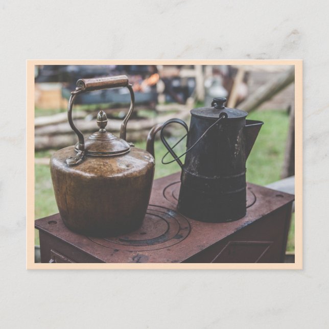 Vintage tea kettles on old stove postcard (Front)