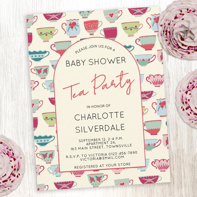 Vintage Tea Party Baby Shower Invitation Postcard (Modern vintage tea cups themed personalized baby shower tea party invitation postcard)