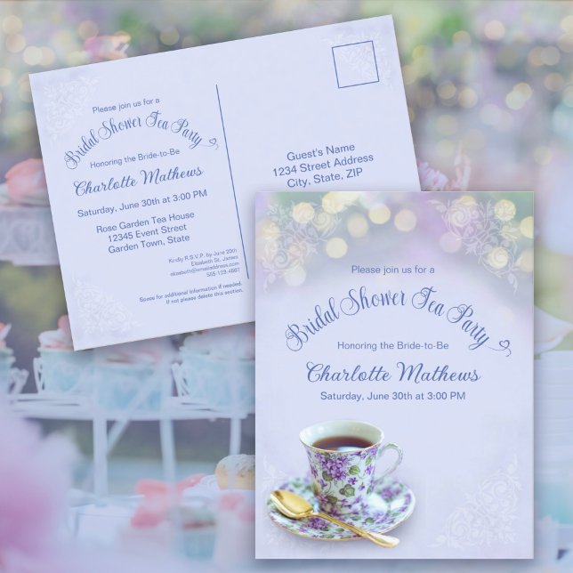 Vintage Tea Party Bridal Shower Blue Invitation Postcard (Vintage Tea Party Bridal Shower Blue Invitation Postcard)