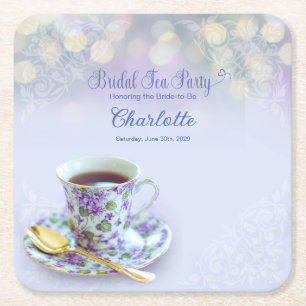 Vintage Tea Party Bridal Shower Blue Square Paper Coaster