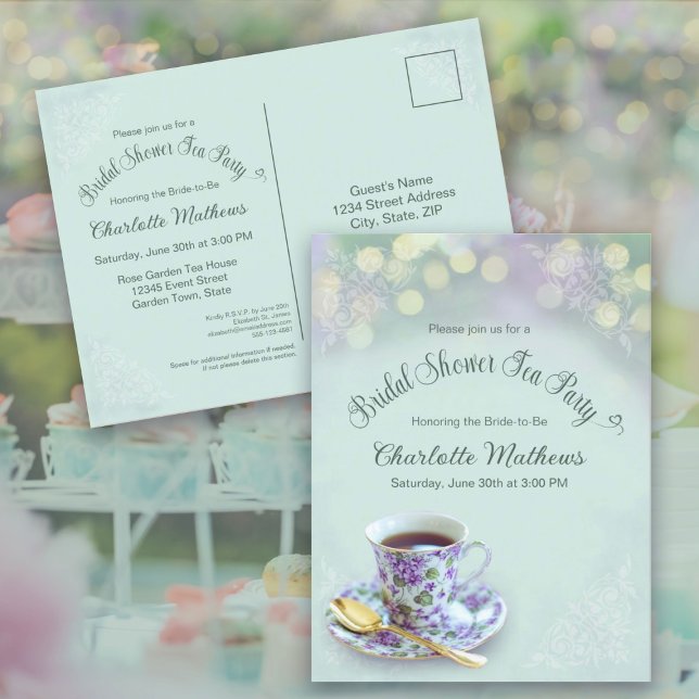 Vintage Tea Party Bridal Shower Green Invitation Postcard (Vintage Tea Party Bridal Shower Green Invitation Postcard)
