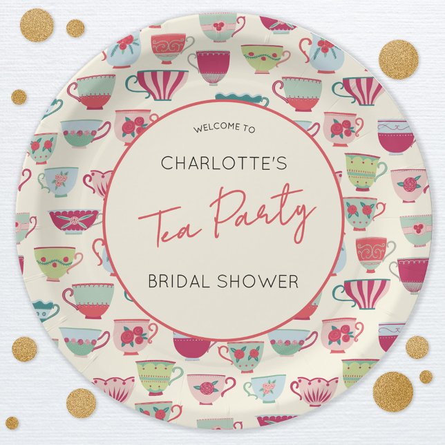 Vintage Tea Party Bridal Shower Paper Plate (Modern vintage teacup pattern personalized bridal shower tea party paper plates)