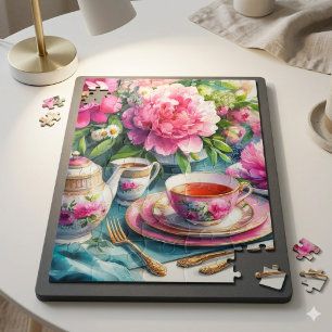 Vintage Tea Party Pink Peonies Jigsaw Puzzle