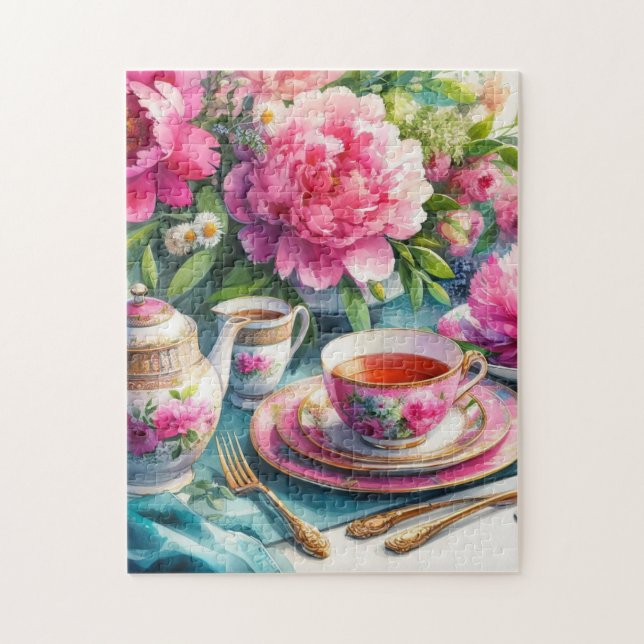 Vintage Tea Party Pink Peonies Jigsaw Puzzle (Vertical)