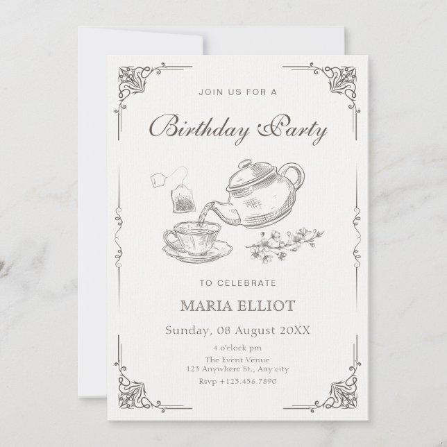 Vintage tea pot birthday invitation (Front)