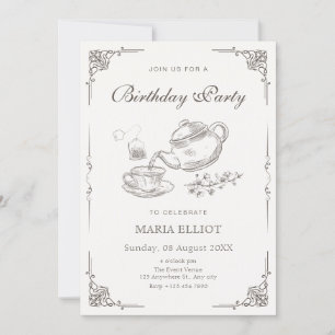 Vintage tea pot birthday invitation