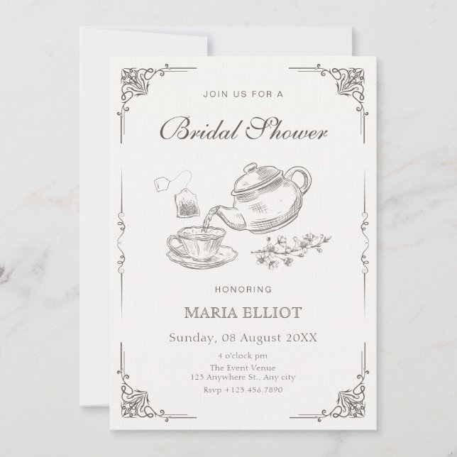 Vintage tea pot bridal shower invitation (Front)