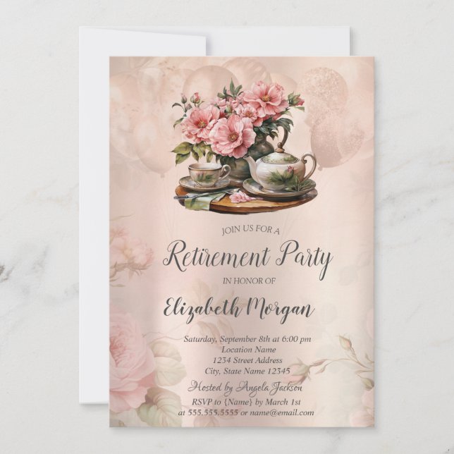 Vintage Tea Set Floral Retirement  Invitation (Front)
