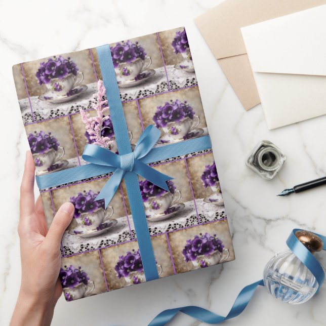 Vintage Teacup and Violets Wrapping Paper (Gifting)