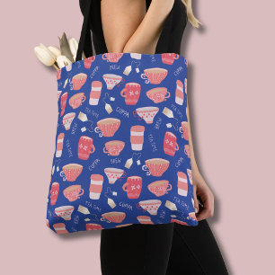 Vintage teacup peach and blue pattern tote bag